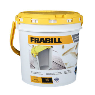 A FRABILL 4822 INSULATED BAIT BUCKET 1.3 gallon with a yellow lid and a yellow bucket.