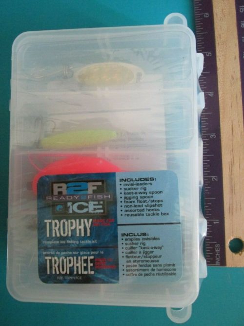 A Ready2Fish Trophy Tackle Box with a fishing lure in it.