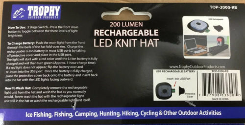 A package of a Trophy Outdoor Rechargeable LED Knit Hat.