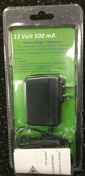 A 12 Volt 500 mA Battery Charger and Maintainer in a package.