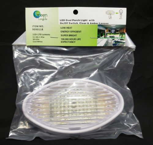 A LED Oval Porch Light with On/Off Switch, Clear & Amber Lenses in a plastic bag.