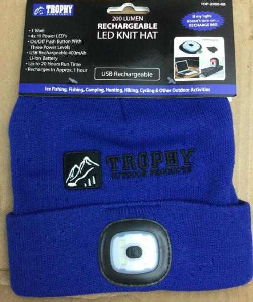 A Trophy Outdoor Rechargeable LED Knit Hat with a light on it.