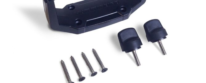 Black mounting bracket with two knobs and screws