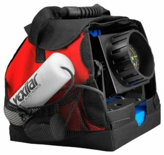 A Vexilar Soft Pack Protective Carrying Case for all Vexilar Genz Pack Systems in red and black with a tool in it.