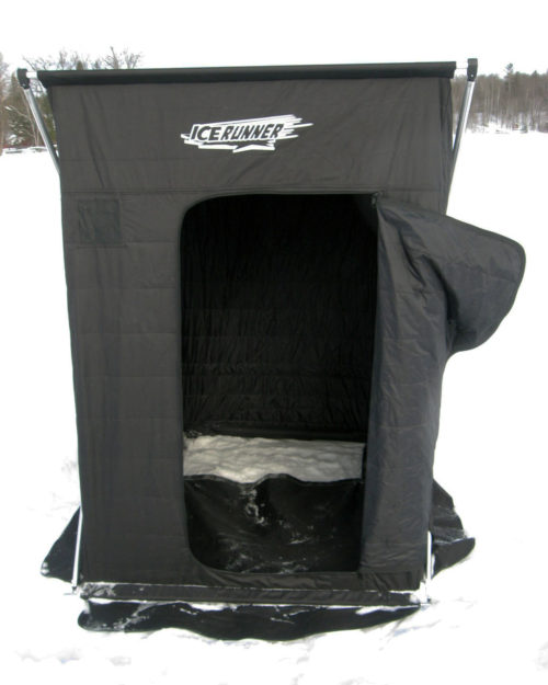 A "Ice Runner Stalker and Stalker 2 Portable Spearing Fish House" with the door open in the snow.