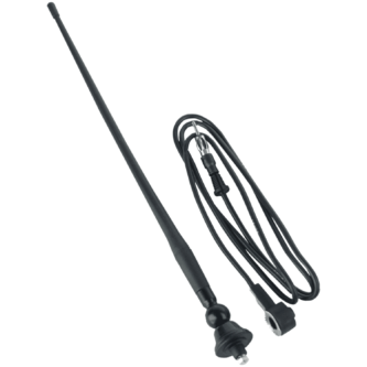 A silhouette of a Boss Rubber Duck Type Antenna, black and a cord.