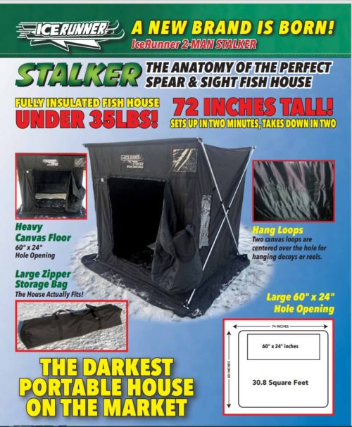 A flyer for the new Ice Runner Stalker and Stalker 2 Portable Spearing Fish House.