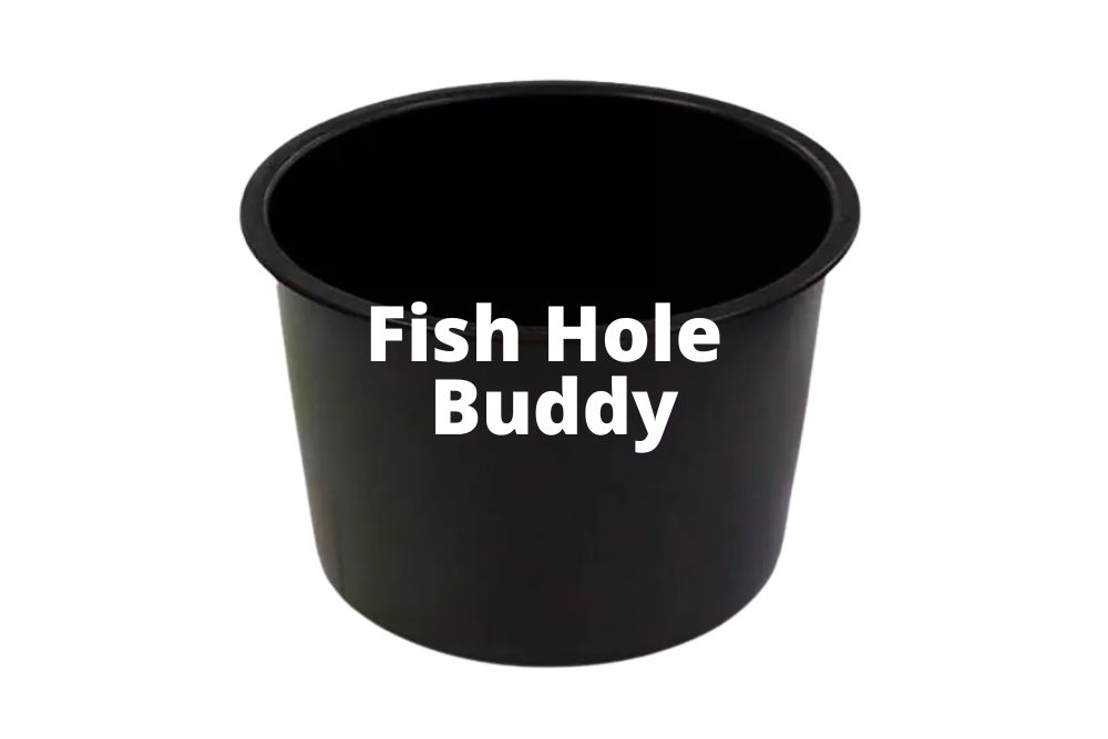 A black bucket with the words Fish Hole Buddy Ice Fishing Sleeves, Black or White on it.