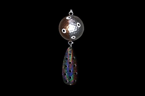 A NCS-026 Northern Crack Spearing Teaser Tulibee pendant hanging on a black background.