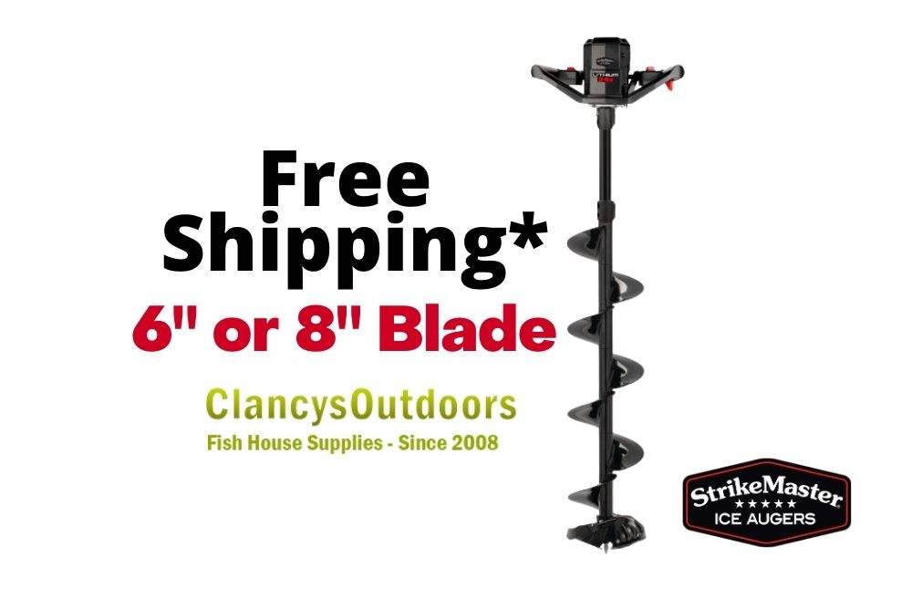 A banner with the words free shipping + StrikeMaster Lithium 24v Lite-Flite Auger 6" LTVLF-6; Auger 8" LTVLF-8 Clancy Outdoors.