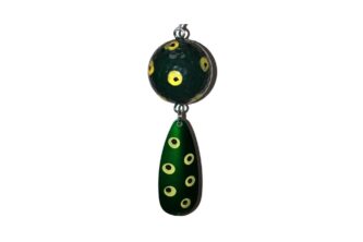 A green and yellow NCS-031 Northern Crack Spearing Teaser Frog pendant hanging from a chain.