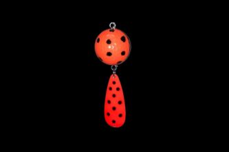 A red and black polka dot NCS-016 Northern Crack Spearing Teaser Lady Bug (Orange Ball with Black Dots) hanging on a black background.