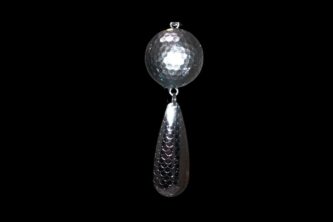 A NCS-012 Northern Crack Spearing Teaser Silver with Glitter pendant hanging on a black background.