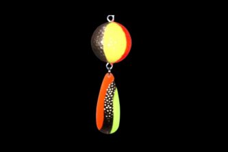 A NCS-034 Northern Crack Spearing Teaser Candy Corn (yellow, gold, orange) hanging on a black background.