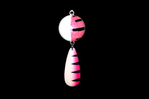 A NCS-020 Northern Crack Spearing Teaser White and Pink with Black Lines hanging on a black background.