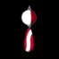 A NCS-001 Northern Crack Spearing Teaser Red and White fishing lure hanging on a black background.