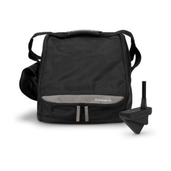 A black bag with a GARMIN Panoptix LiveScope Ice Fishing Kit 010-12676-50 attached to it.