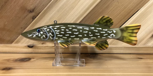 A green and yellow Northern Pike WRNP on a stand.