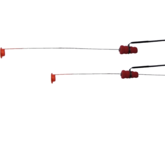 A pair of red and black HT Slab Stopper FX Spring Bobber fishing rods on a white background.