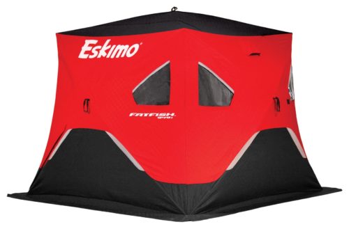 A red and black Eskimo Fatfish 949i HUB Ice Shelter with the word estmo on it.