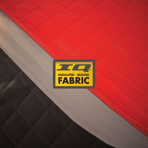 A red and black quilted seat cover with the words Eskimo Fatfish 949i HUB Ice Shelter fabric.