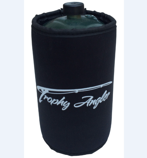 A black Trophy Angler Propane Tank Sleeve for 1LB tanks with a white logo on it.