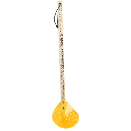 A yellow Big Dipper Hockey Style Ice Skimmer with a black handle on a white background.