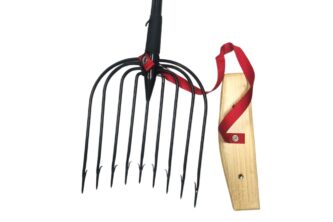 A black Amish Made Ice Fishing Spear – Rounded Head - 9 Tines with a red handle.