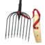 A black Amish Made Ice Fishing Spear – Rounded Head - 9 Tines with a red handle.