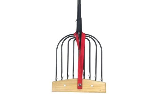 A Amish Made Ice Fishing Spear – Rounded Head - 9 Tines with a red handle and a black handle.