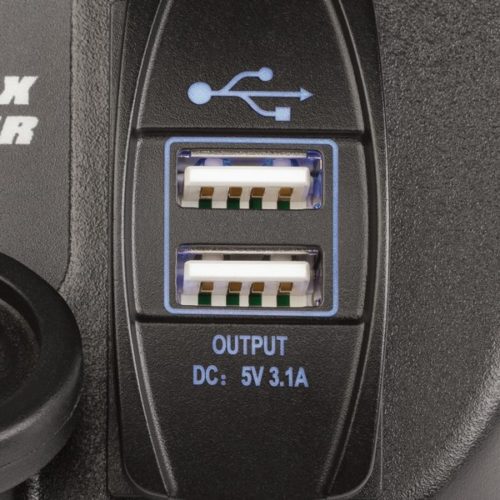 A car charger with two usb ports on it, ideal for charging the MarCum® LX-7LI Lithium Combo Sonar System.