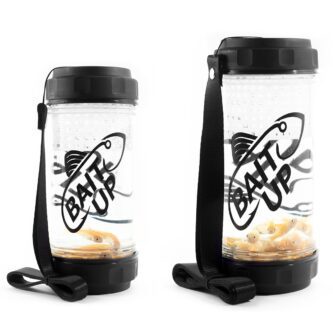 Two Bait Up Live Bait Containers with a strap attached to them.