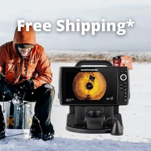 A man is sitting in the snow with a Humminbird ICE HELIX® 9 MSI+ GPS G4N MEGA Live Bundle 411870-1.