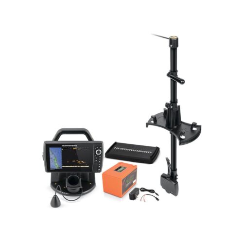 A Humminbird ICE HELIX® 9 MSI+ GPS G4N MEGA Live Bundle 411870-1 fish finder and other accessories on a white background.