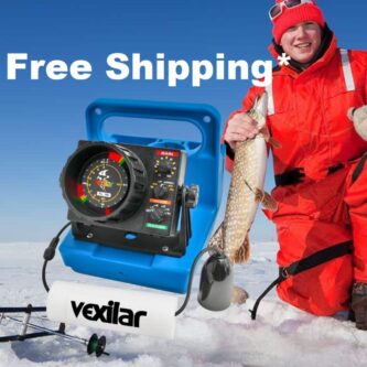 A man is holding a Vexilar FL-18 GENZ Pack w/12 Degree Ice Ducer fishing rod prominently displayed.
