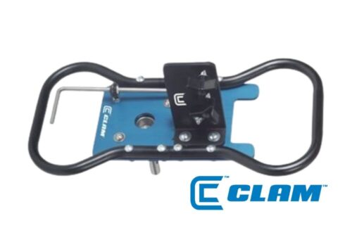 A blue and black holder with the Clam Auger Conversion Plate CL9935 plus 6 inch K-Drill and Clam Adapter on it.