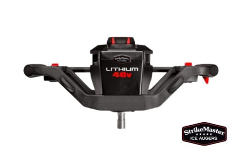 A black and red StrikeMaster Pro Lithium 40V Lite Ice Auger with the word ultimax on it.