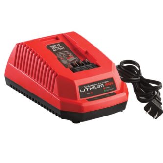 A red Strikemaster 40V battery charger with a cord attached to it.