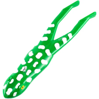 A green plastic frog with white spots on it.