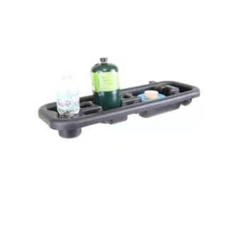 A black plastic tray with two Clam Fish Trap Center Consoles and a bottle of water.