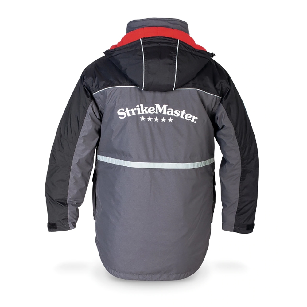 A black and red StrikeMaster SOS Surface Jacket with the word strikemaster on it.