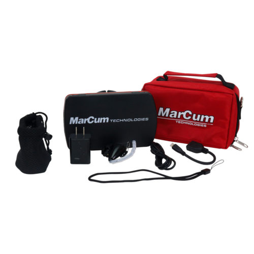A red MarCum Pursuit SD Plus Underwater Camera with a red cord and a charger.