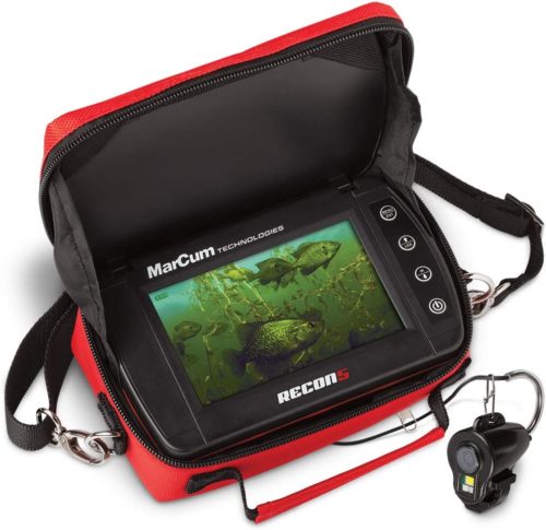 A MarCum Recon 5 RC5 Camera Underwater Viewing System in a red bag.