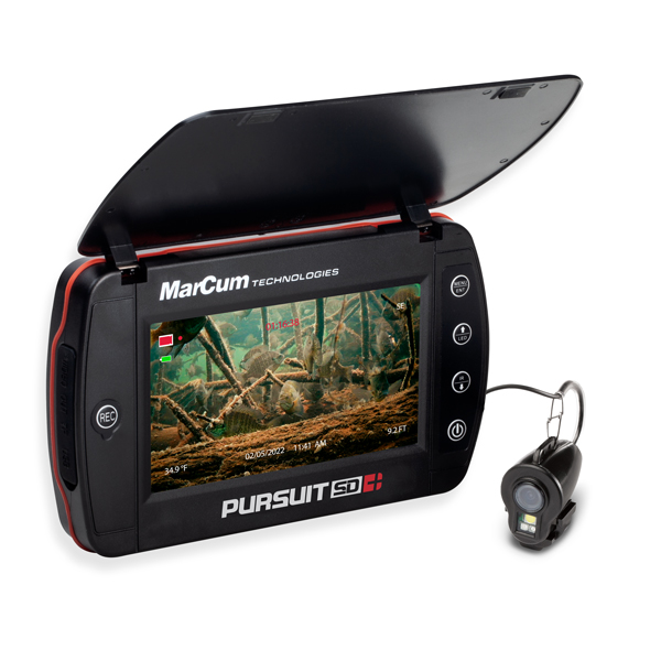 A monitor with the MarCum Pursuit SD Plus Underwater Camera attached to it.