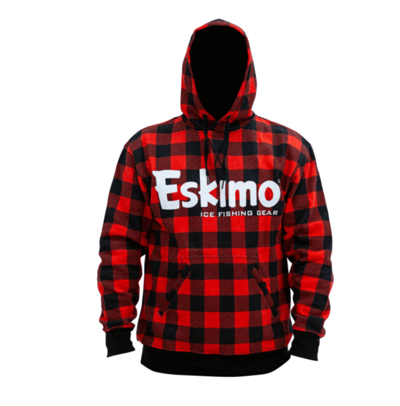 A red and black plaid Eskimo Sweatshirt Hoodie with the word eskimo on it.