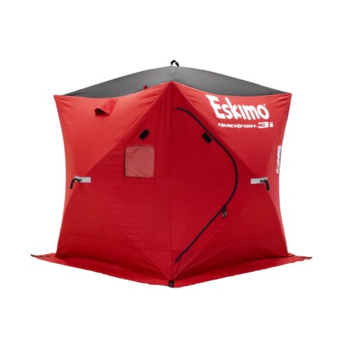 A red Eskimo 69445 Quickfish 3i Portable Insulated Pop-Up Ice Fishing Shelter, 3 Person with the word eskimo on it.