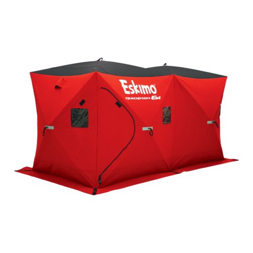 A red Eskimo 36150 QuickFish 6i Pop-Up Portable Insulated Ice Fishing Shelter, 6 Person with the word eskimo on it.