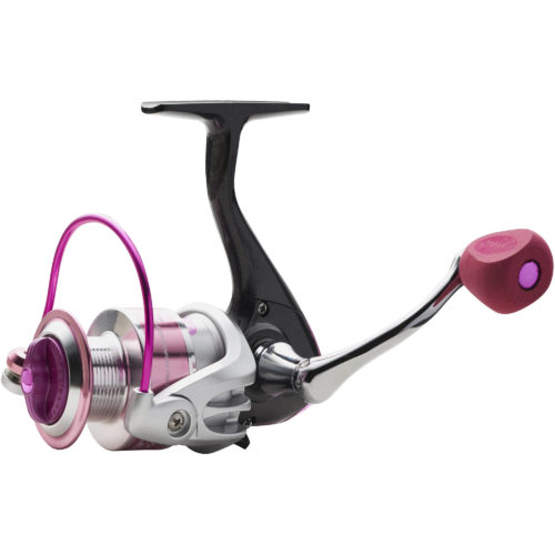 An Eagle Claw Trait Crist TCSR30 spinning fishing reel with a pink handle.