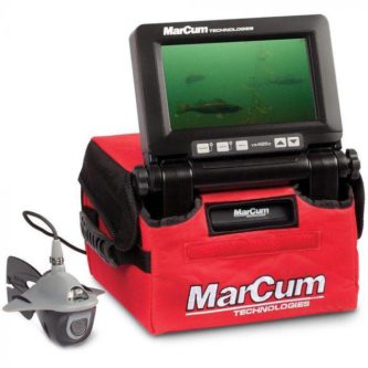 A red box with a MARCUM® VS485C Underwater Viewing System and a fish finder.