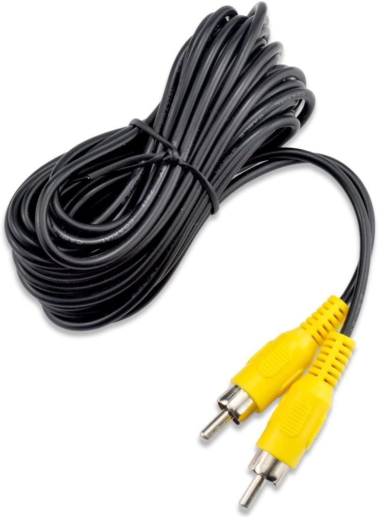 A black and yellow 10 foot RCA Video Cable with Male to Male Single Plug for Cameras.